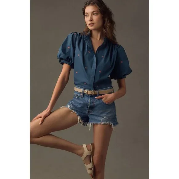 Mare Mare by Antropologie Puff-Sleeve Embroidered Blouse in Blue Size S - Picture 12 of 12